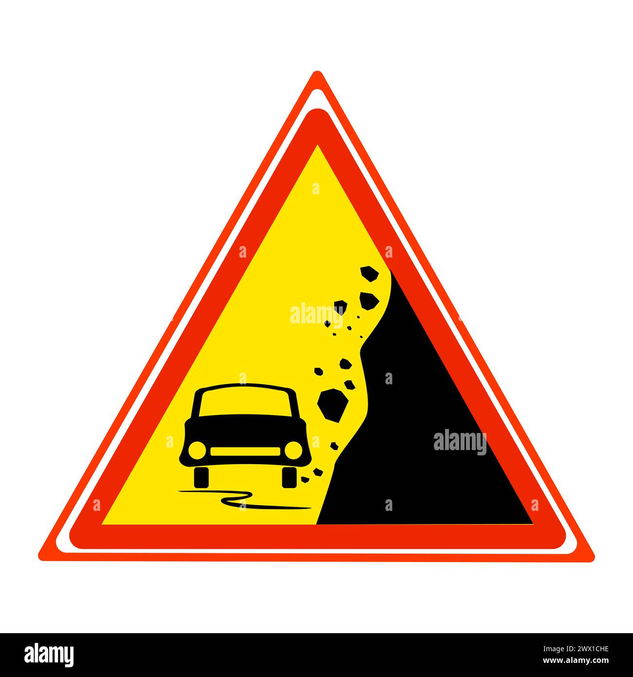 Segnale di pericolo caduta rocce. Segnale di pericolo triangolare con la frana di auto e pietre. Insegne di avvertenza per il traffico su scivolo o ghiaia. Caduta di roccia. Vettore Illustrazione Vettoriale
