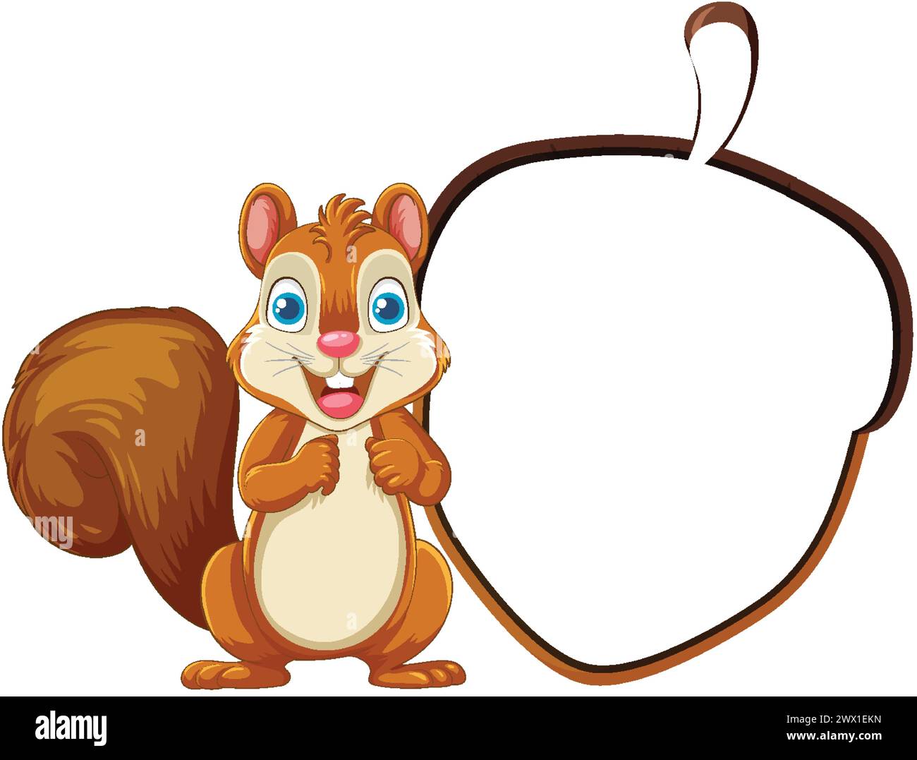 Carino personaggio dei cartoni animati dello scoiattolo con un cartello vuoto. Illustrazione Vettoriale