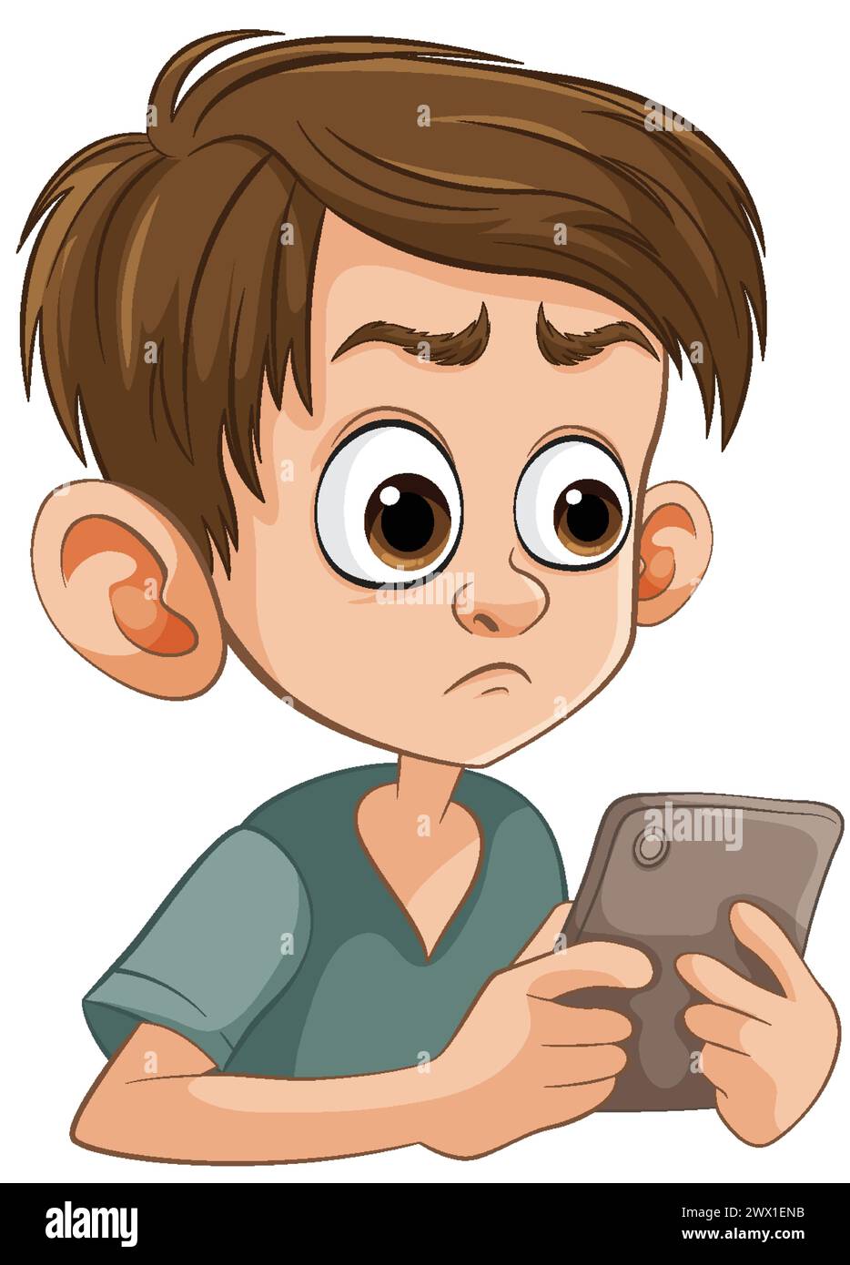 Cartone animato di un ragazzo perplesso che tiene un telefono Illustrazione Vettoriale