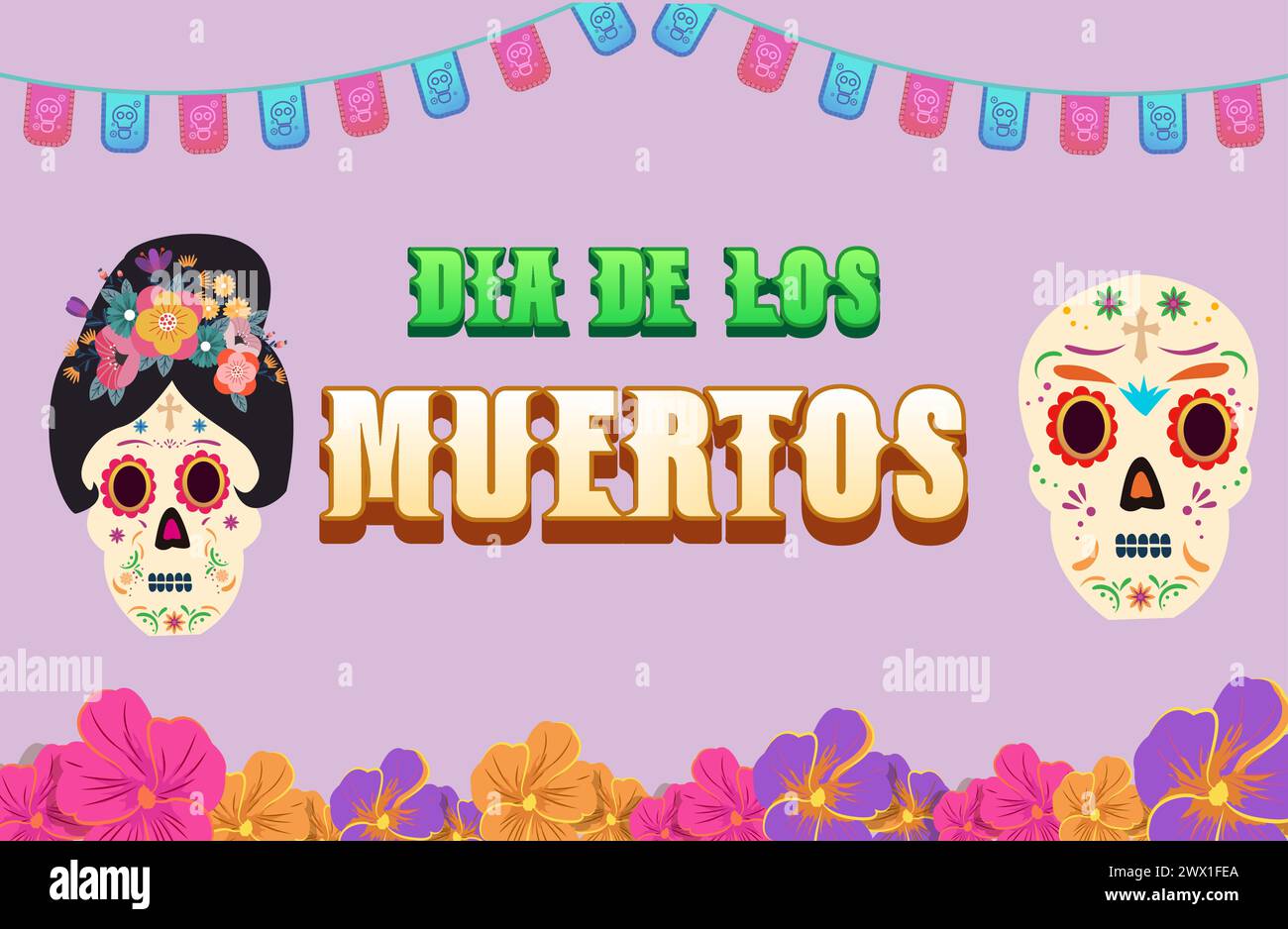 Dia de los muertos significa giorno dei morti. Festa messicana, Template Banner Vector Illustration. Illustrazione Vettoriale
