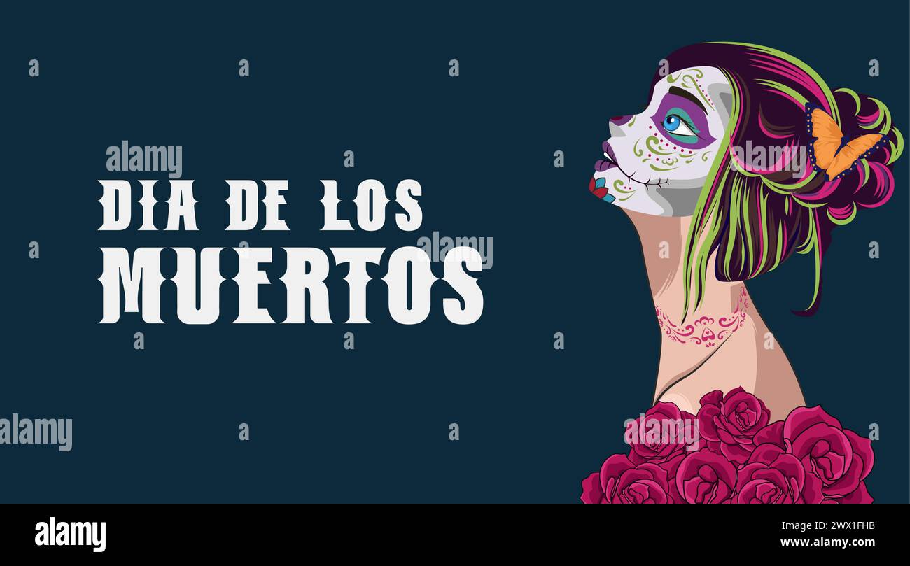 Dia de los muertos significa giorno dei morti. Festa messicana, Template Banner Vector Illustration. Illustrazione Vettoriale