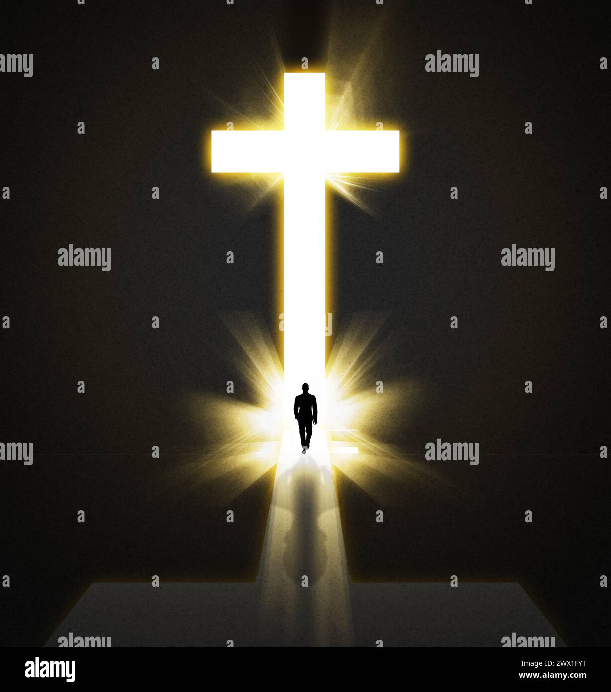 Fede, fantasia e uomo con luce per attraversare a piedi o viaggiare per la spiritualità, la religione e l'ingresso in paradiso. Uomo, camminata e silhouette Foto Stock