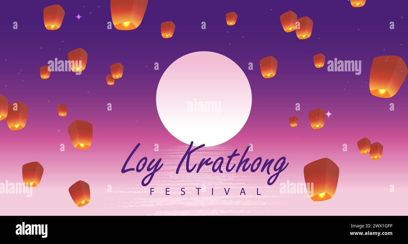 Loy krathong Festival viaggi Thailandia poster Design sfondo illustrazione vettoriale. Luogo sacro del fiume Chao Phraya in Thailandia sullo sfondo. Illustrazione Vettoriale