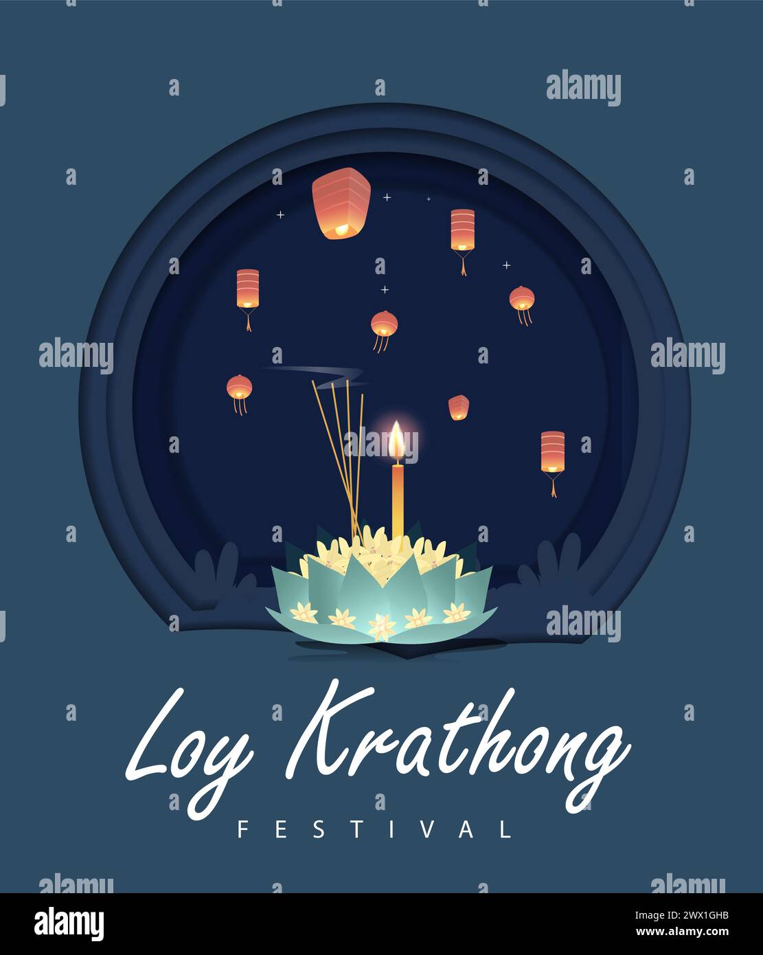 Loy krathong Festival viaggi Thailandia poster Design sfondo illustrazione vettoriale. Luogo sacro del fiume Chao Phraya in Thailandia sullo sfondo. Illustrazione Vettoriale