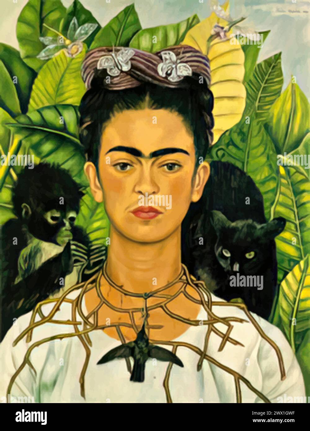 Autoritratto con collana Thorn e colibrì, 1940 (pittura) dell'artista Kahlo, Frida (1907-54) messicano. Illustrazione Vettoriale