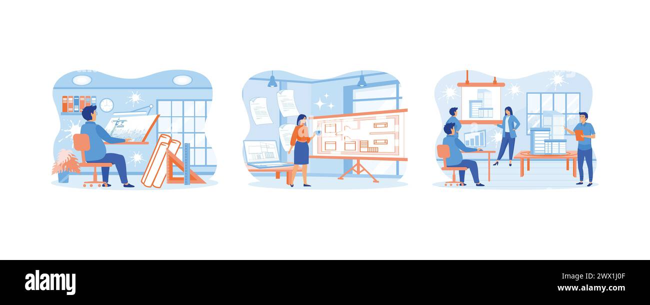 Architectural Desk per gli schizzi. Lavoro di sviluppo del piano di costruzione professionale come professione tecnica. Progetto di pianificazione del team e presentazione Illustrazione Vettoriale