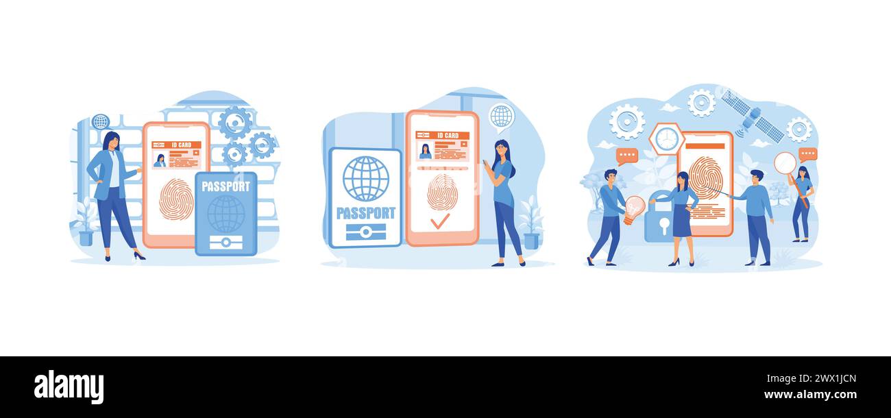 Documenti biometrici nell'app per smartphone. Passaporto digitale e patente di guida. Autenticazione delle dita, sistema di sicurezza per lo screening delle impronte digitali, rilevamento di frodi Illustrazione Vettoriale