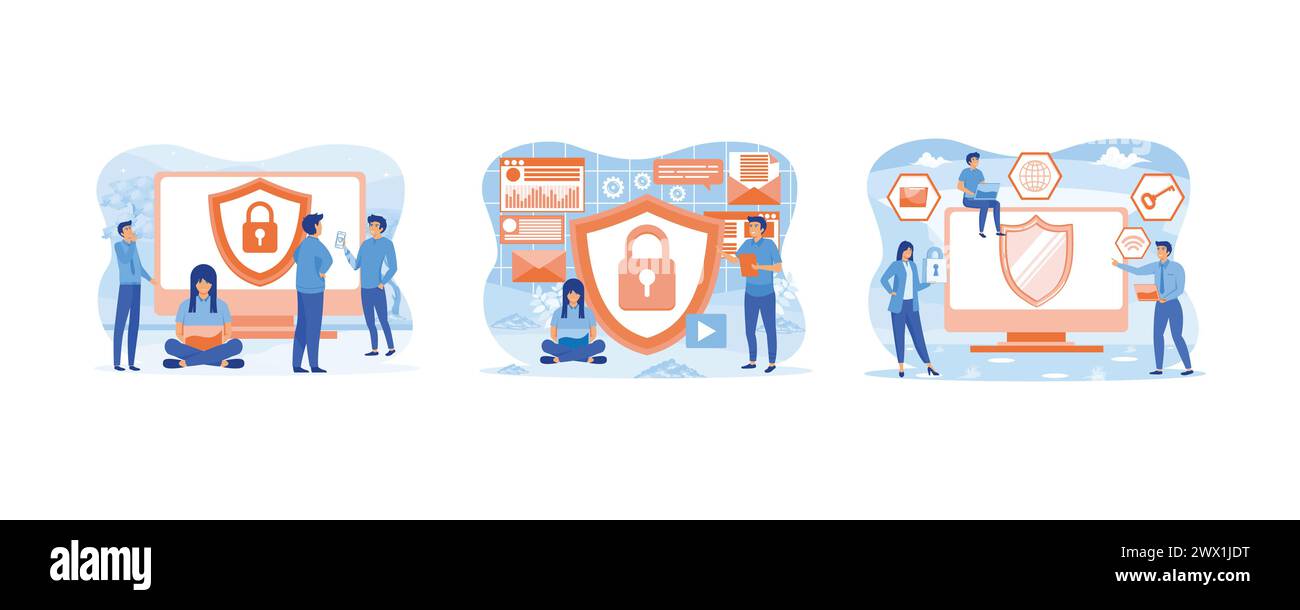 Persone e computer con scudo e serratura. Sicurezza e protezione dei dati riservati. Informazioni sulla privacy per la protezione dei dati. Imposta la moderna illustrazione vettoriale piatta Illustrazione Vettoriale