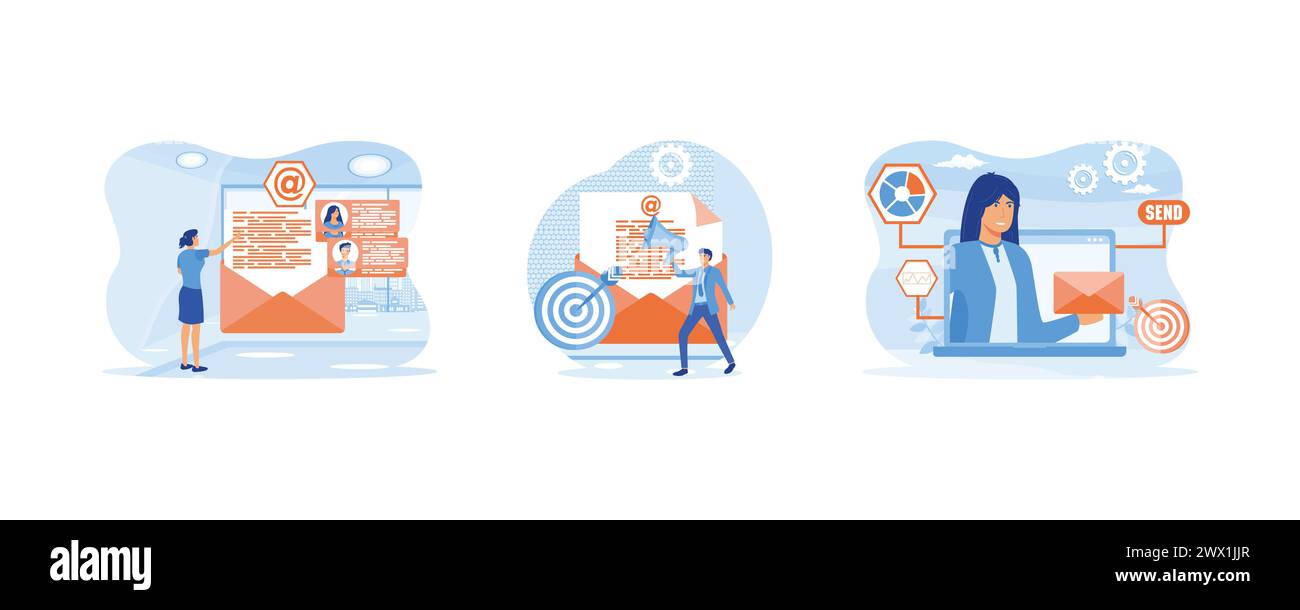 Campagna di marketing via e-mail. Manager che invia messaggi tramite un sistema di automazione del marketing. Concetto di marketing tramite e-mail. Impostare l'illustrazione moderna del vettore piatto Illustrazione Vettoriale