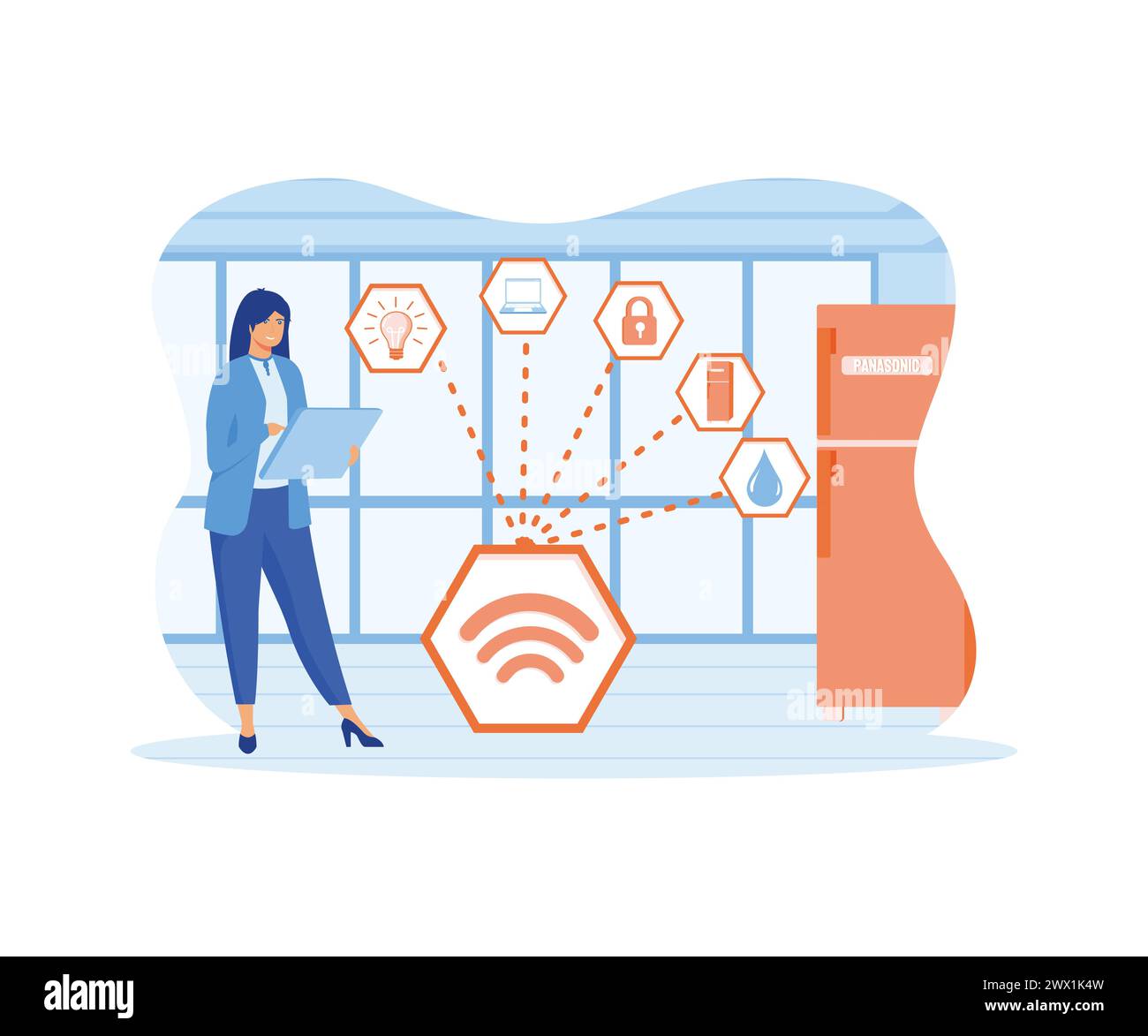 Casa intelligente, tecnologia per la casa intelligente online che collega gli elettrodomestici con lo smartphone. Donna che utilizza dispositivi elettronici per la casa con un tablet digitale. Illustrazione Vettoriale