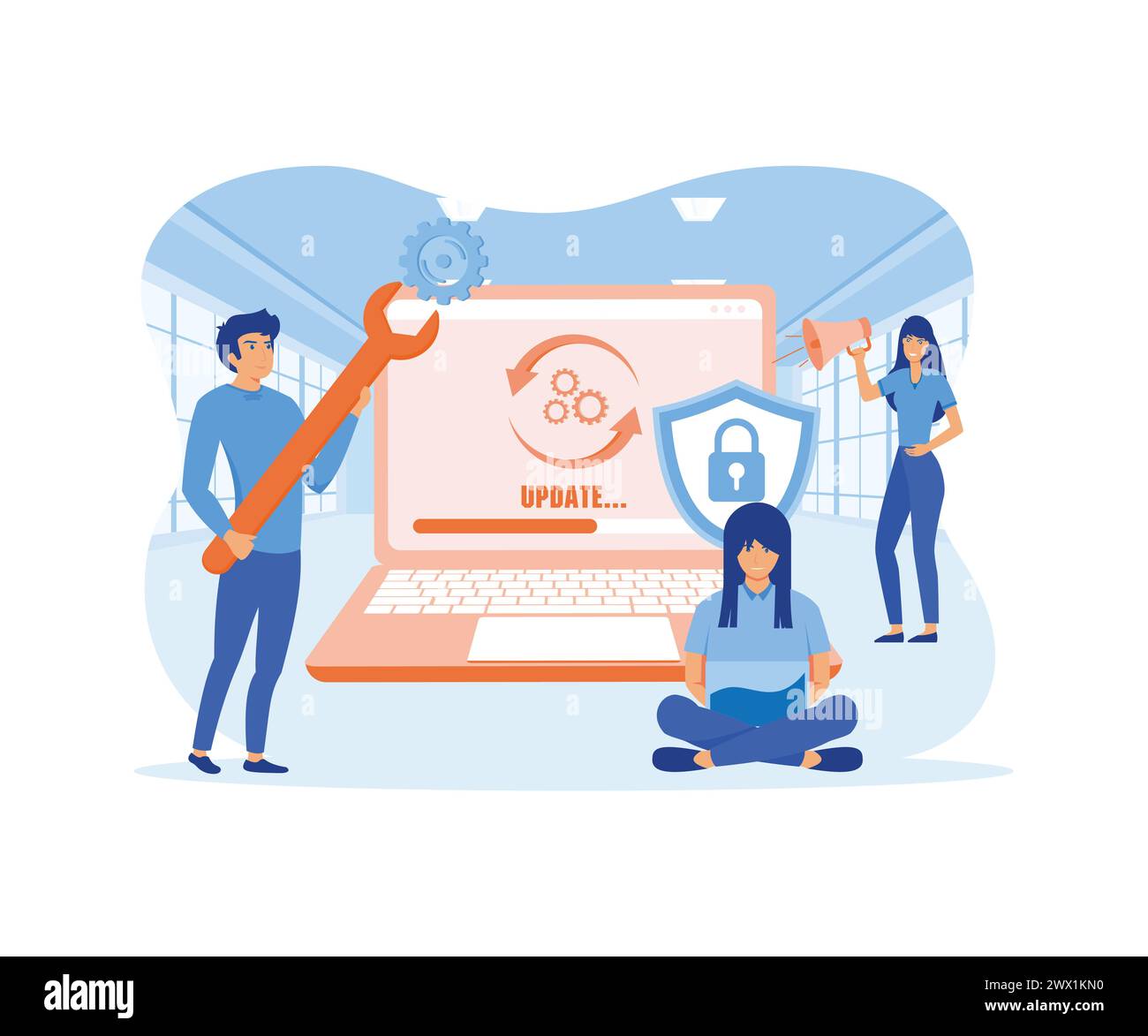 Aggiornamento software per la progettazione di app mobili. Progettazione di applicazioni mobili. illustrazione moderna vettoriale piatta Illustrazione Vettoriale