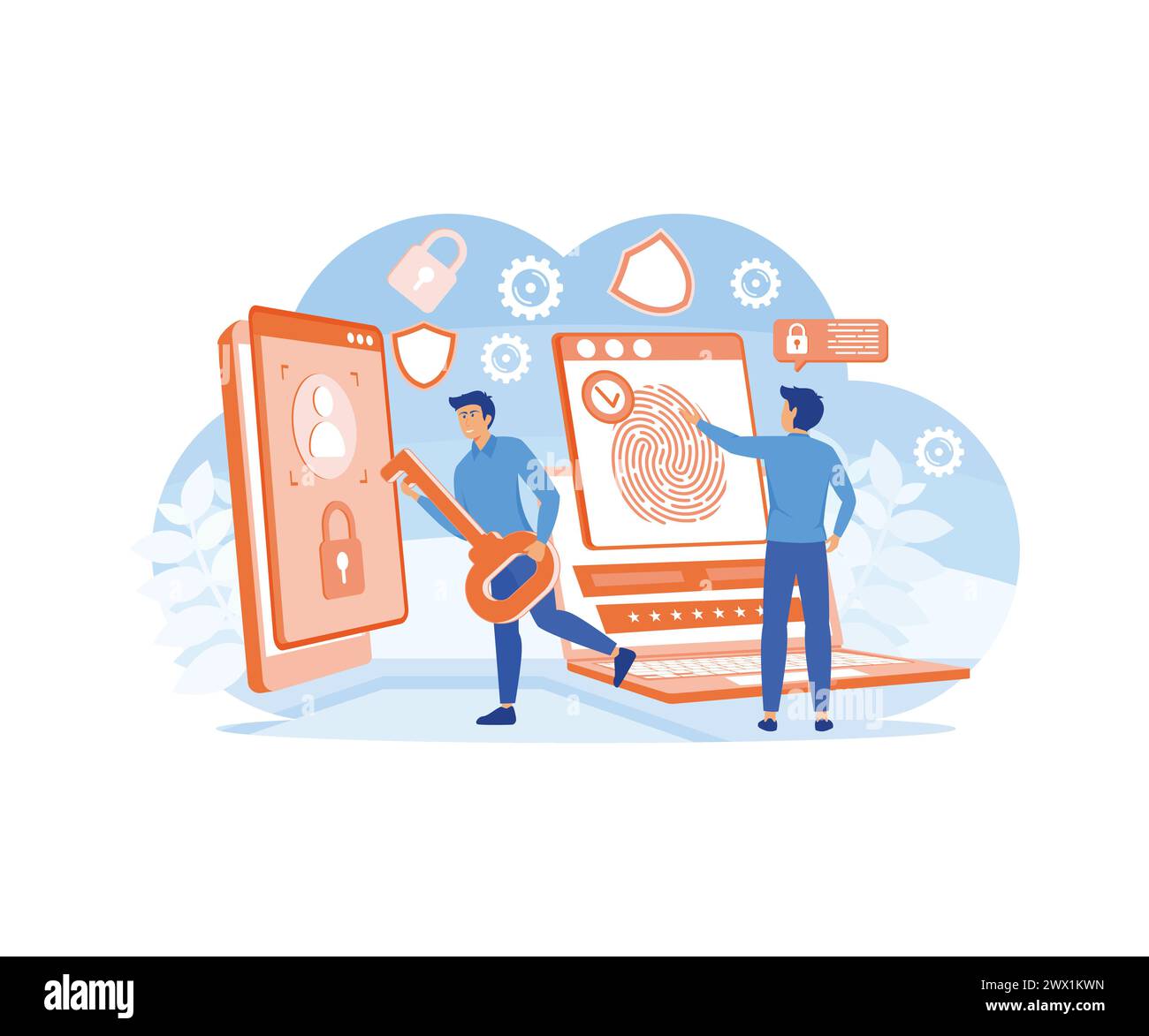 Progettazione Web per il controllo biometrico degli accessi. Identificazione e verifica biometrica. Tecnologia di scansione delle impronte digitali. illustrazione moderna vettoriale piatta Illustrazione Vettoriale