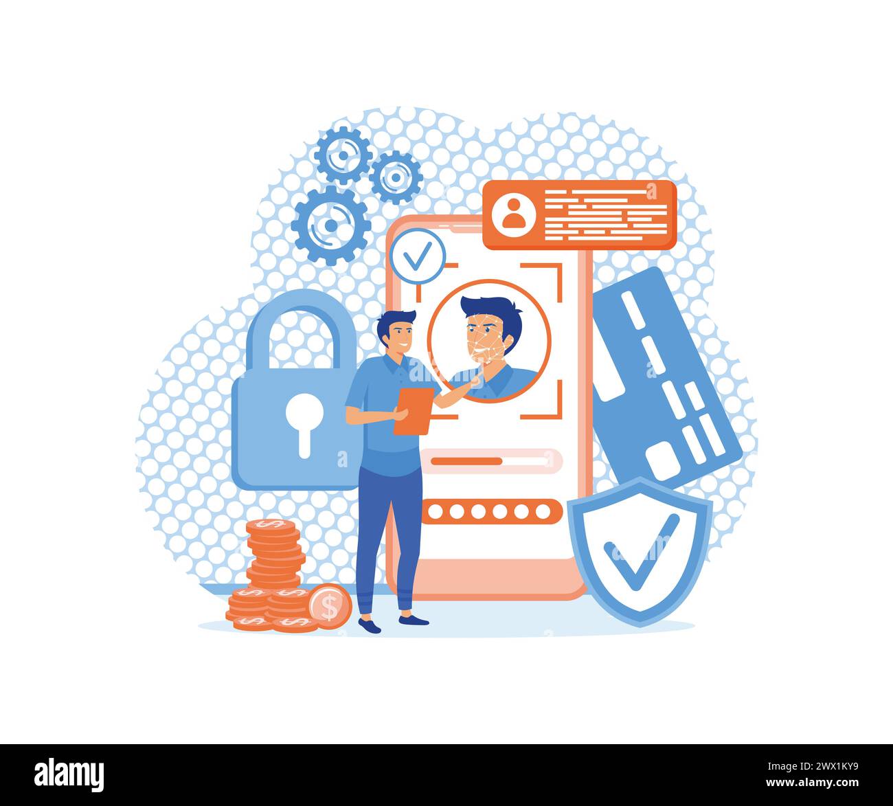 Riconoscimento facciale e sicurezza dei dati. Uomo che ha accesso ai dati dopo il controllo biometrico. La persona tiene il telefono ed esegue la scansione del volto con l'applicazione mobile Illustrazione Vettoriale