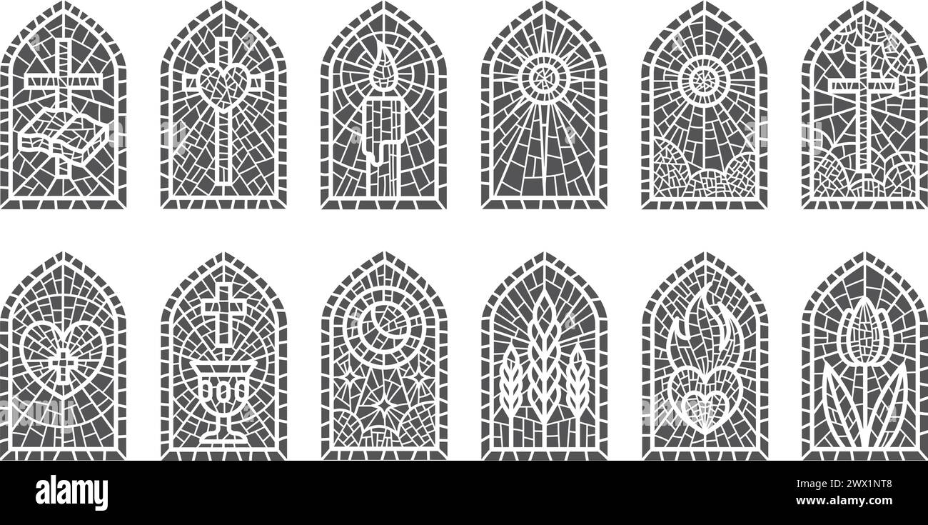 Finestre di vetro con mosaico. cattolici religiosi e cristiani si inquadrano con un motivo. Archi colorati medievali isolati su sfondo bianco Illustrazione Vettoriale