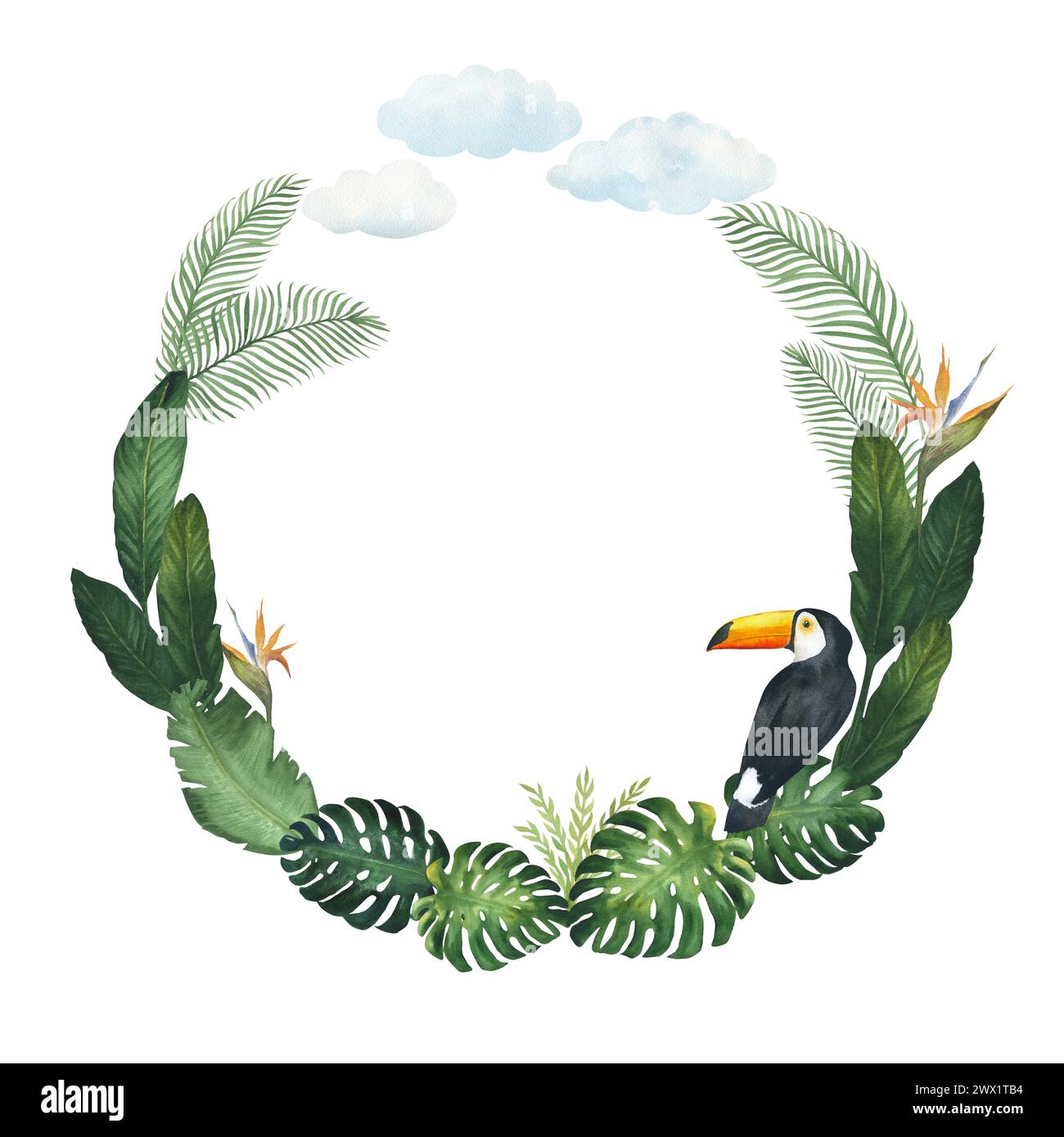 Cornice circolare ad acquerello con illustrazione di un uccello tucano e foglie tropicali, monstera, palme, isolate. Per l'arredamento della stanza dei bambini, carta da parati Foto Stock