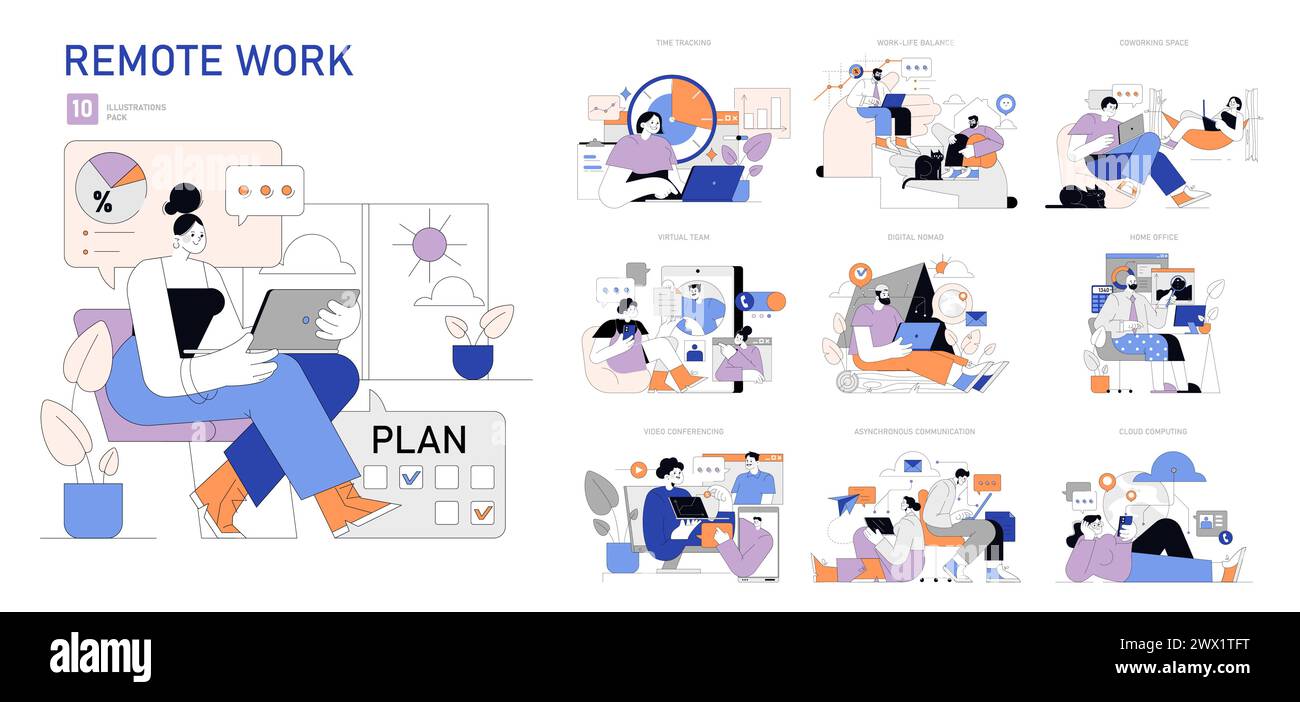 Set di lavoro remoto. Professionisti diversi impegnati in collaborazione e produttività virtuali. Abbracciare la flessibilità, raggiungere l'armonia tra lavoro e vita privata. Moderni scenari di ufficio remoto. Illustrazione vettoriale. Illustrazione Vettoriale