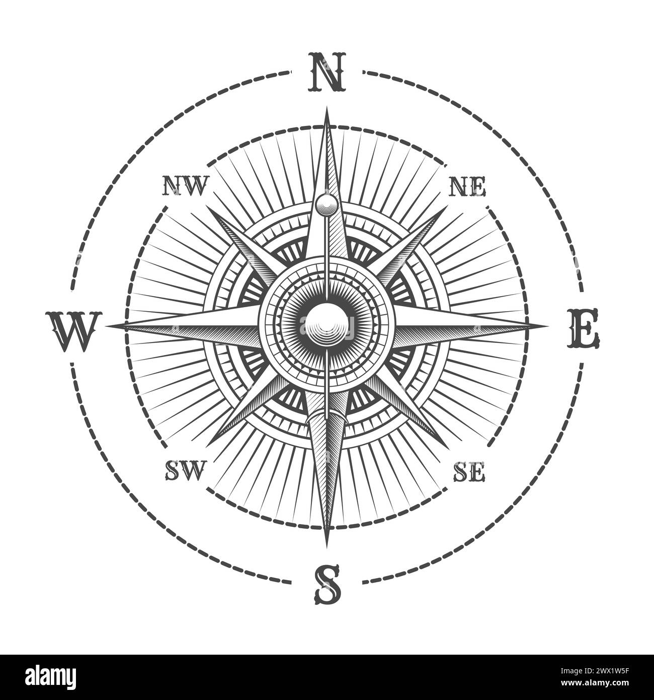 Illustrazione vettoriale per incisione disegnata a mano con Rosa del vento della bussola isolata su sfondo bianco. Non è stata utilizzata alcuna IA. Illustrazione Vettoriale
