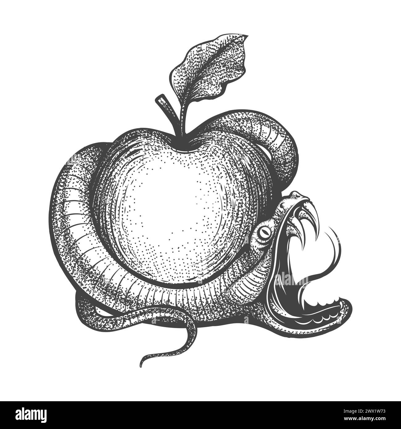 Snake Entwined Around Apple Engraving Tattoo isolato su sfondo bianco. Illustrazione vettoriale. Non è stata utilizzata alcuna IA. Illustrazione Vettoriale
