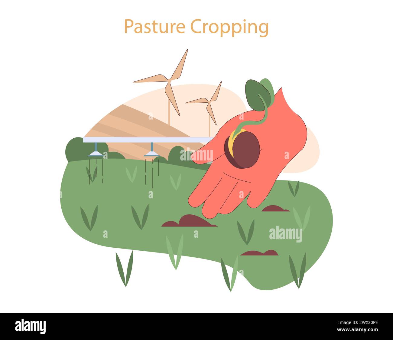 Concetto di coltivazione del pascolo. Piantare a mano semi nel suolo, integrando la produzione agricola con il pascolo, sotto turbine eoliche Illustrazione Vettoriale