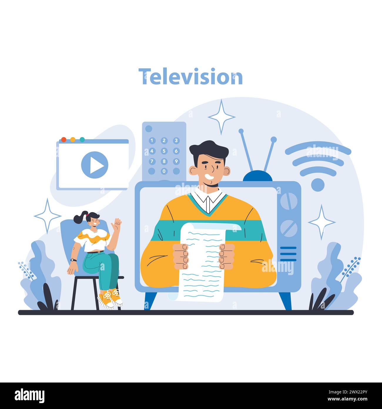Concetto televisivo. Narrazione visiva e reportistica di notizie. Ancoraggi e coinvolgimento del pubblico nei media. Transizione digitale in TV. Illustrazione vettoriale piatta. Illustrazione Vettoriale