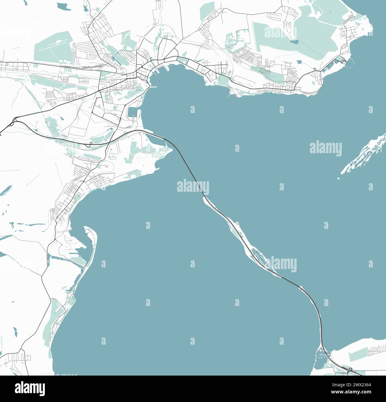 Mappa vettoriale Kerch. Mappa dettagliata dell'area amministrativa della città di Kerch. Delineare la mappa con strade e ponti, acqua, foresta. Mappa turistica decorativa. Illustrazione Vettoriale