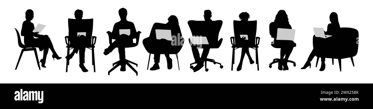 Sagome di persone che lavorano sedute con un notebook Illustrazione Vettoriale