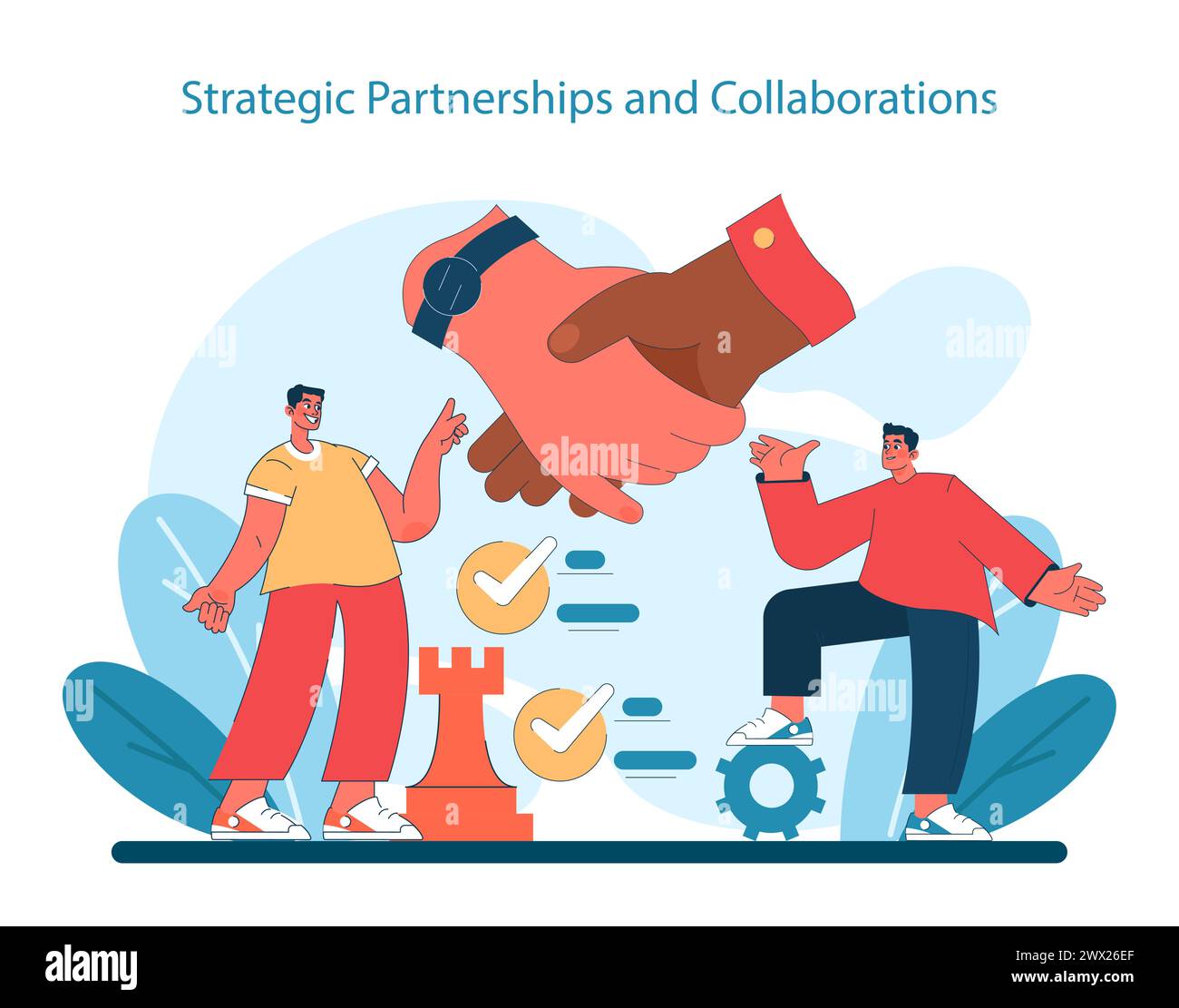 Concetto di partnership strategiche e collaborazioni. Costruire solide alleanze e sinergie nel business. Scacchi come metafora per la pianificazione tattica. Illustrazione vettoriale. Illustrazione Vettoriale