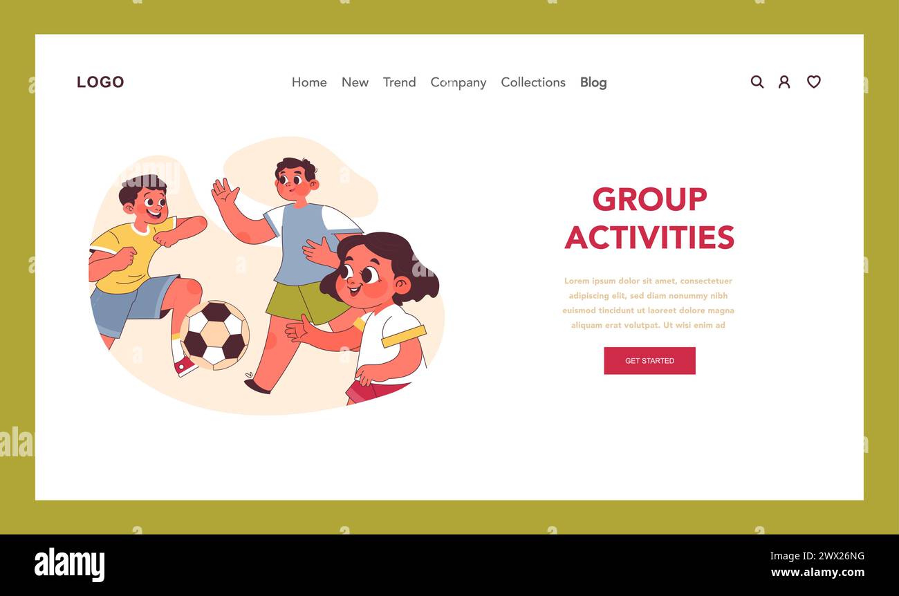 Concetto di attività di gruppo. Bambini pieni di energia impegnati in giocose partite di calcio, che mettono in mostra il lavoro di squadra e la gioia dello sport tra gli amici. Illustrazione vettoriale piatta Illustrazione Vettoriale