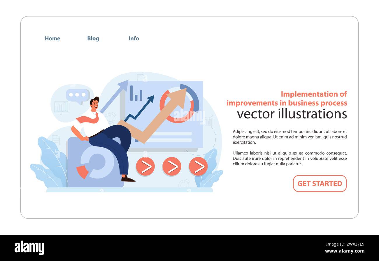 Vettore per l'ottimizzazione dei processi aziendali. Un'illustrazione dinamica di un professionista che esegue strategie di crescita nel miglioramento dei processi aziendali. Illustrazione Vettoriale