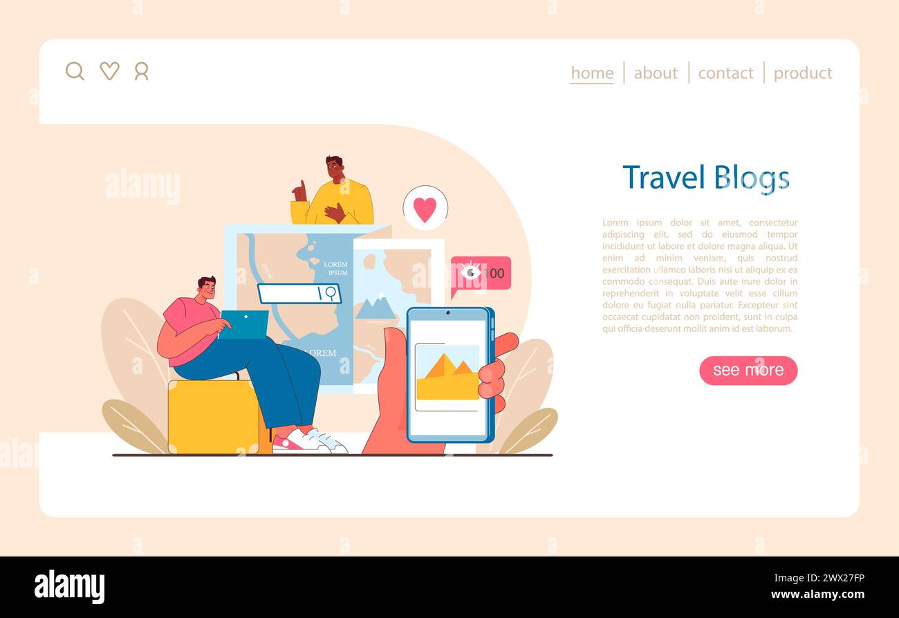 Concetto di Travel Blogging. Condividere esperienze di viaggio online. Storie coinvolgenti di esplorazione e scoperta tramite piattaforme social. Navigare nel globo attraverso la narrazione digitale. Illustrazione vettoriale piatta. Illustrazione Vettoriale