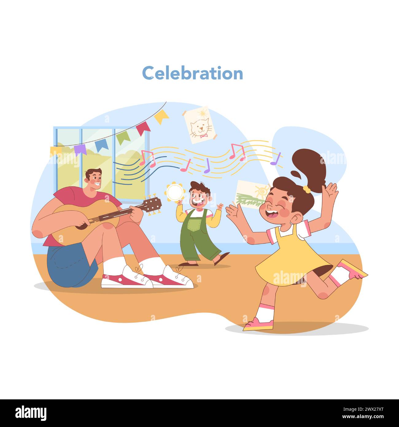 Festa dell'asilo con musica e danza. I bambini felici esprimono gioia attraverso il movimento e la canzone, con l'insegnante che accompagna alla chitarra. Atmosfera festosa in classe. Illustrazione vettoriale piatta Illustrazione Vettoriale