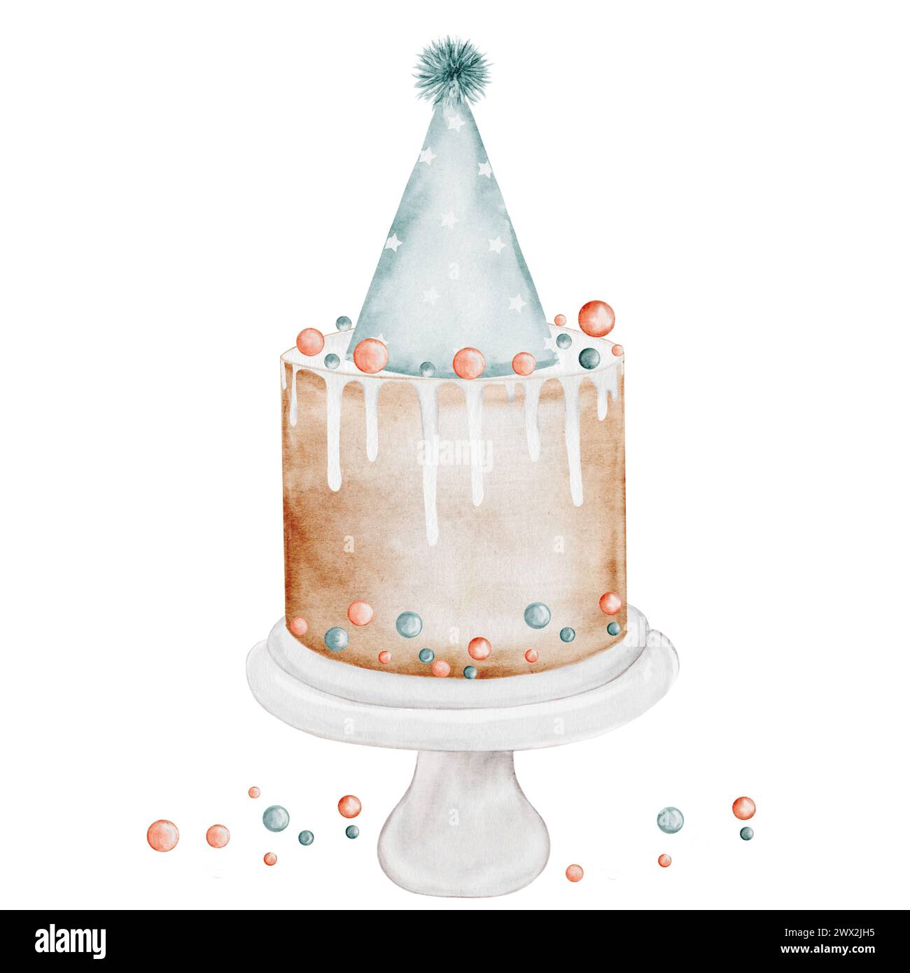 Torta di compleanno acquerello. Illustrazione vintage acquerello di una torta natalizia. Clip art isolata su fondo bianco dolci. Ideale per la progettazione Foto Stock