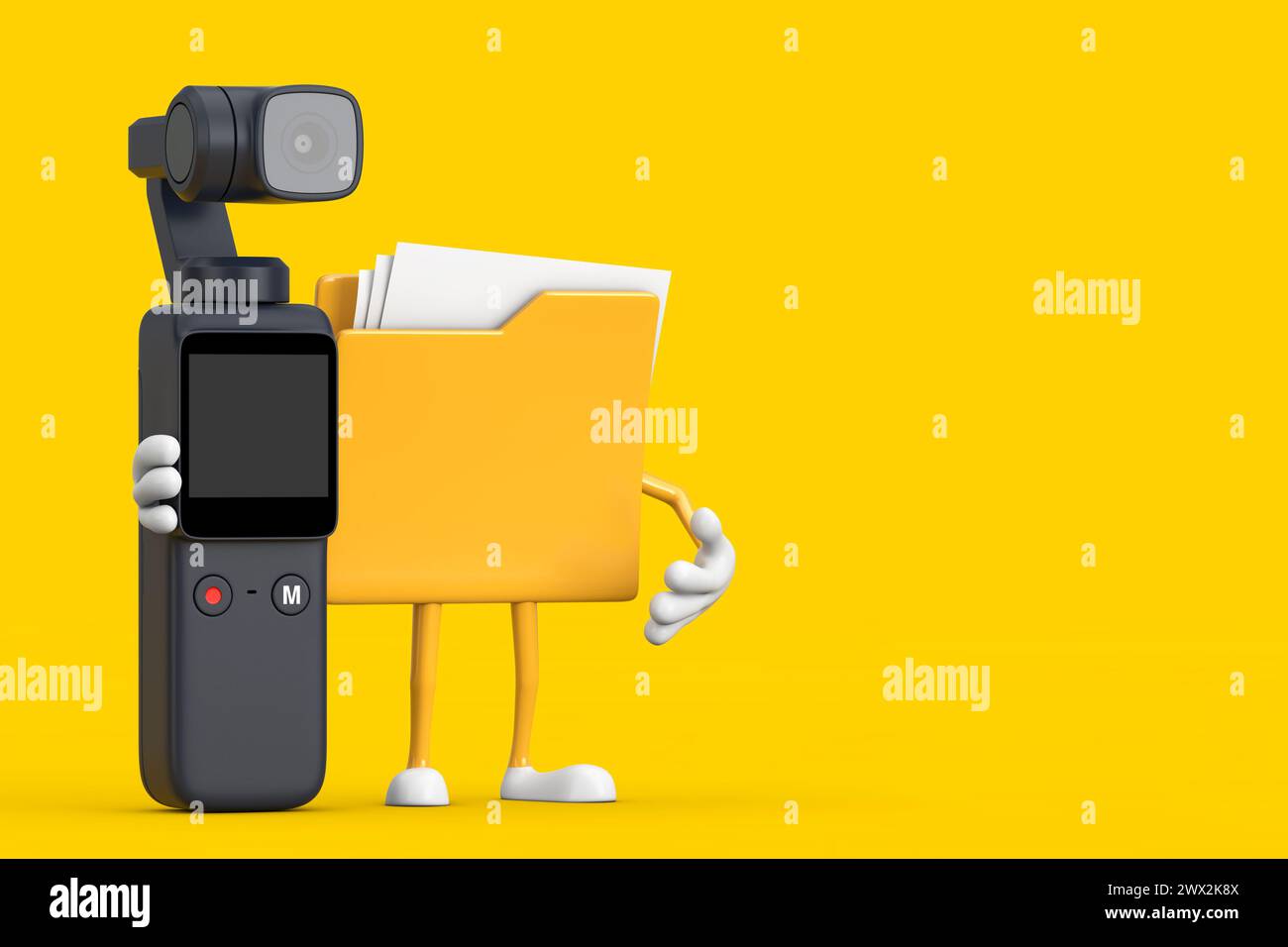 Icona cartella file gialla personaggio personaggio fumetto Mascotte con Action camera Pocket Gimbal su sfondo giallo. Rendering 3d. Foto Stock