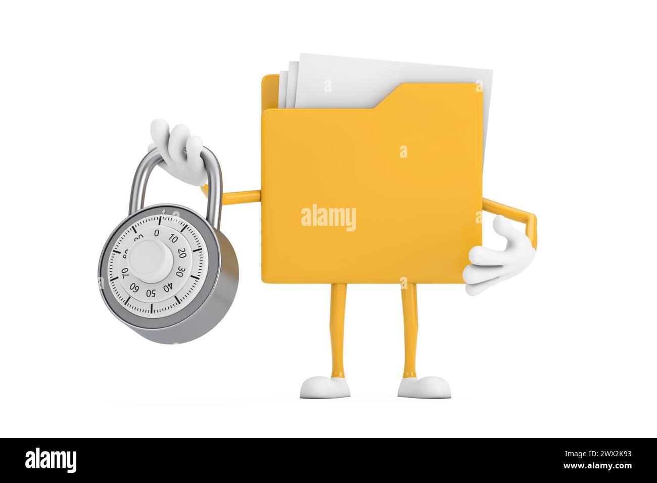 Icona cartella file gialla personaggio personaggio fumetto Mascotte con lucchetto a combinazione argento su sfondo bianco. Rendering 3d. Foto Stock