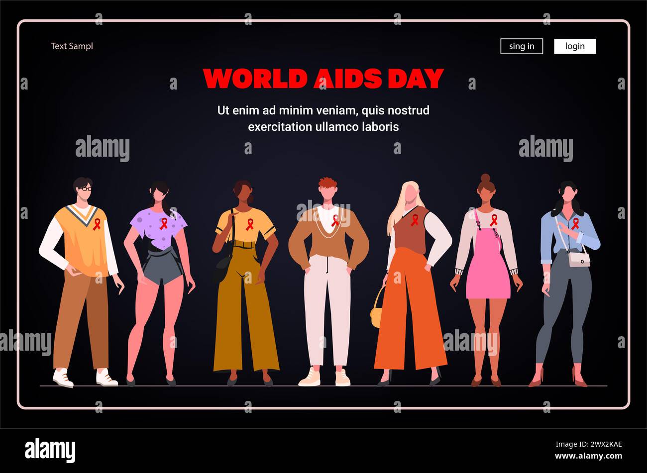 Modello di progettazione di pagine Web per la consapevolezza dell'AIDS. Giovani ragazzi e ragazze moderne con un distintivo rosso a sostegno della giornata Mondiale dell'AIDS. Vettore moderno Foto Stock