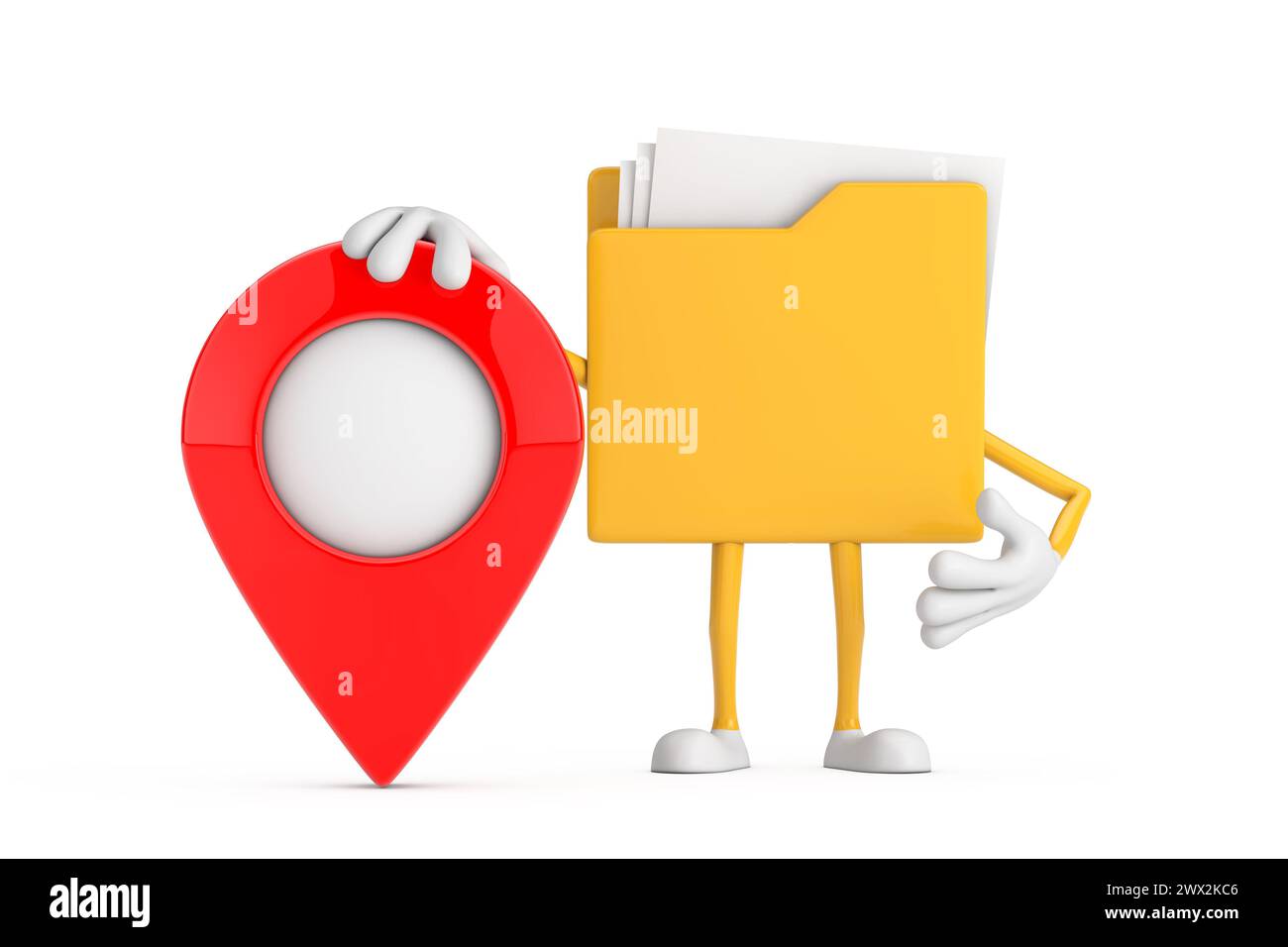 Icona cartella file gialla personaggio personaggio Cartoon Mascotte con puntatore rosso Mappa di destinazione su sfondo bianco. Rendering 3d. Foto Stock