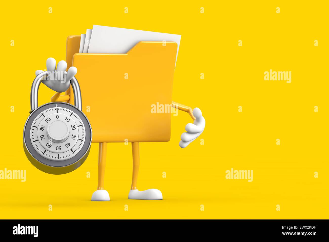 Icona cartella file gialla personaggio personaggio Cartoon Mascotte con lucchetto a combinazione argento su sfondo giallo. Rendering 3d. Foto Stock