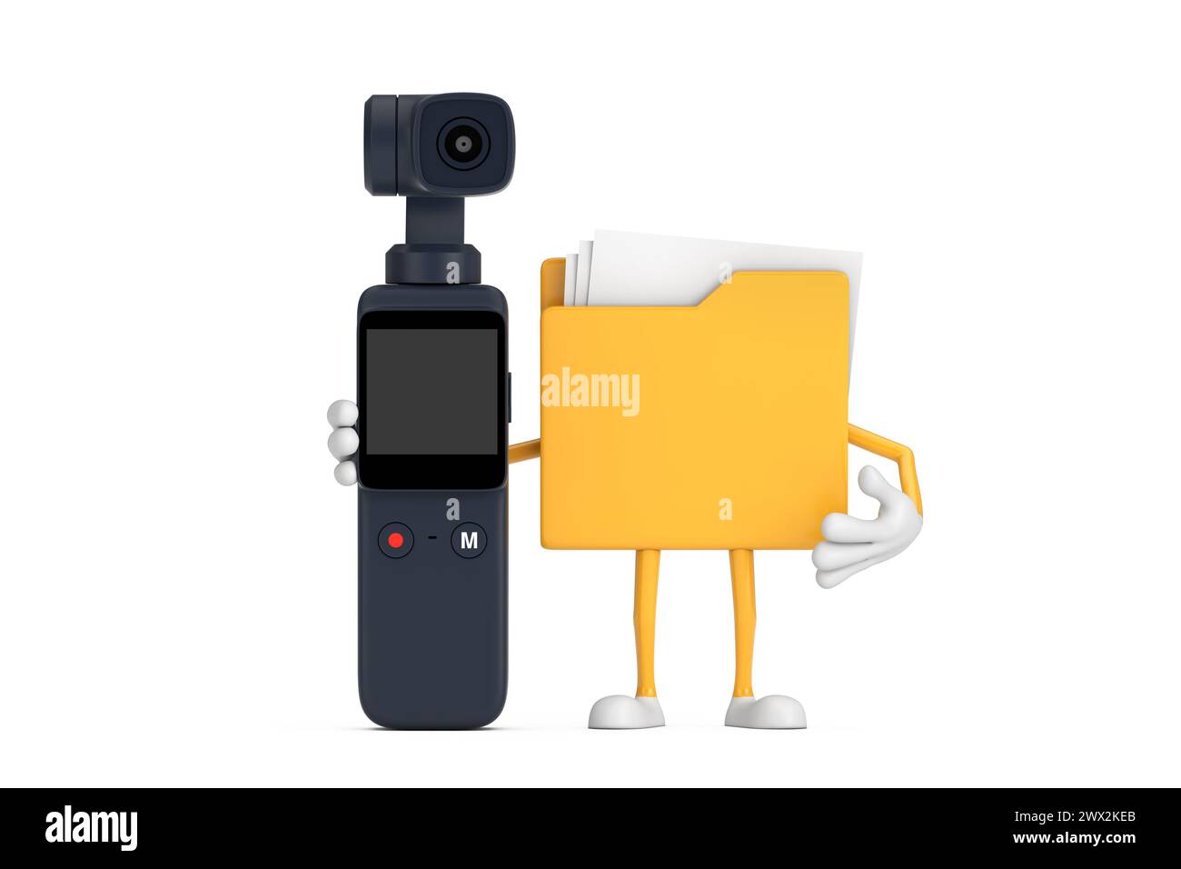 Icona cartella file gialla personaggio personaggio fumetto Mascotte con Action camera Pocket Gimbal su sfondo bianco. Rendering 3d. Foto Stock