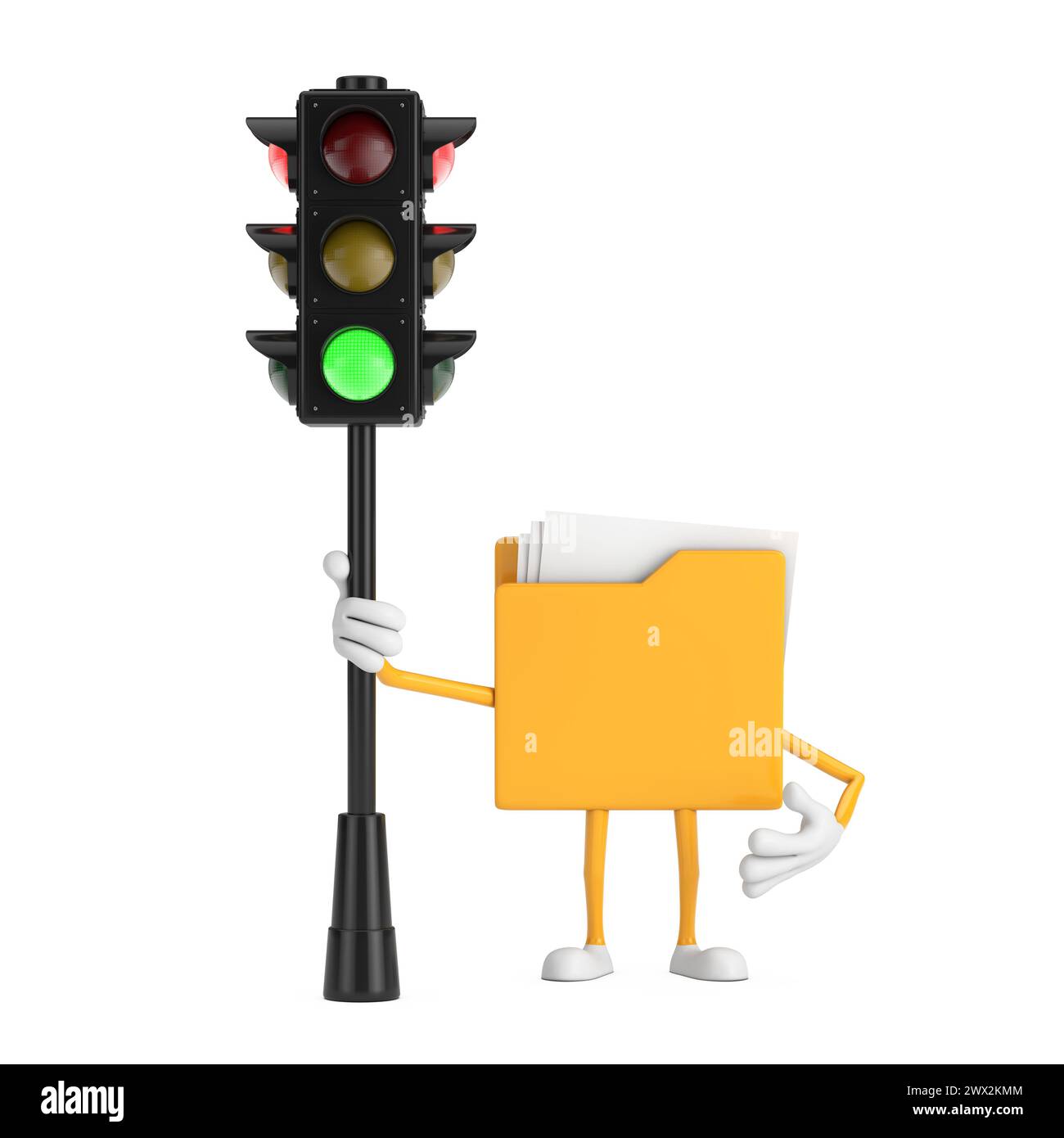 Icona cartella file gialla personaggio personaggio fumetto Mascotte con semaforo verde su sfondo bianco. Rendering 3d. Foto Stock