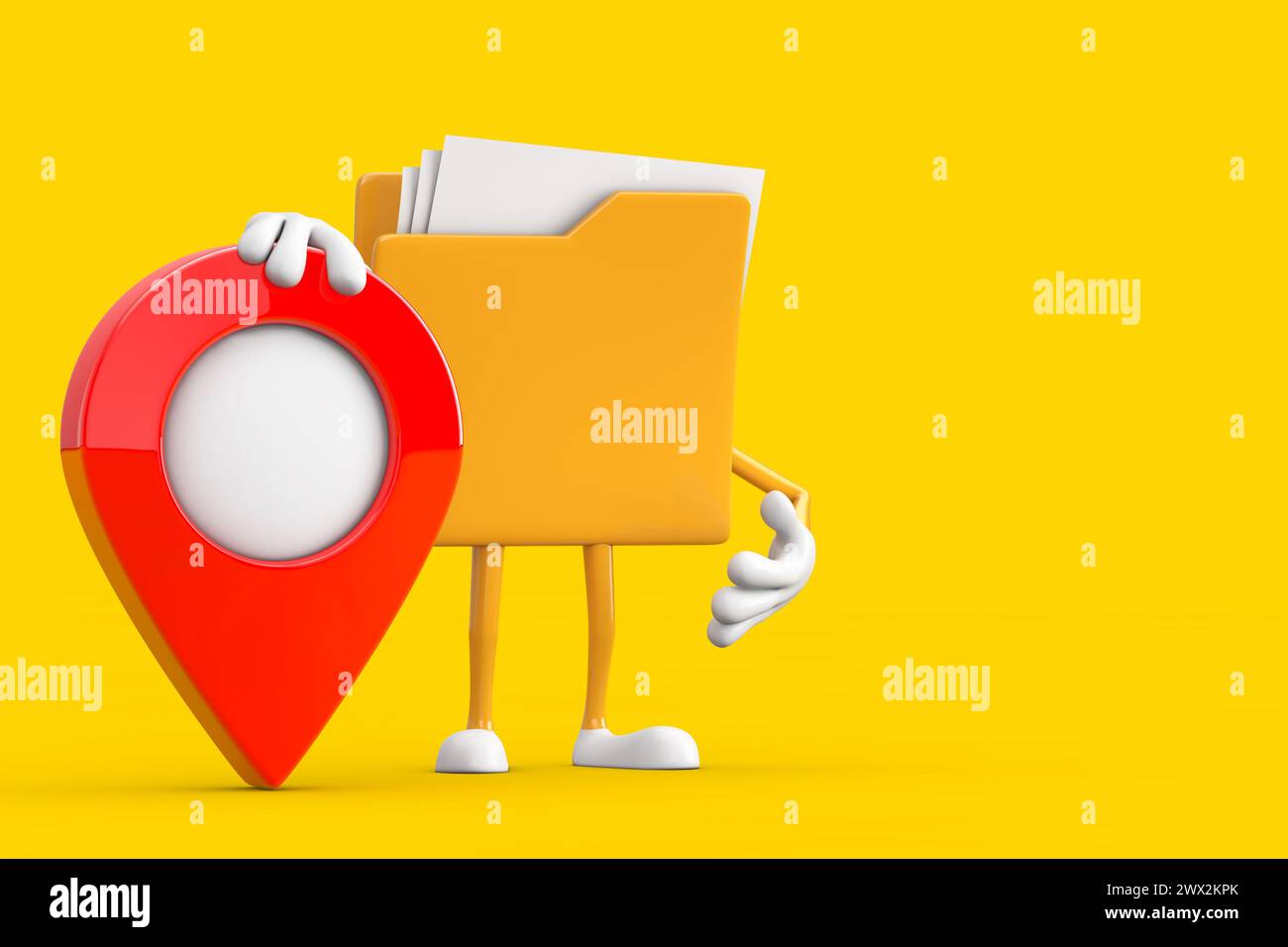Icona cartella file gialla Mascotte personaggio Cartoon con puntatore rosso Mappa di destinazione su sfondo giallo. Rendering 3d. Foto Stock