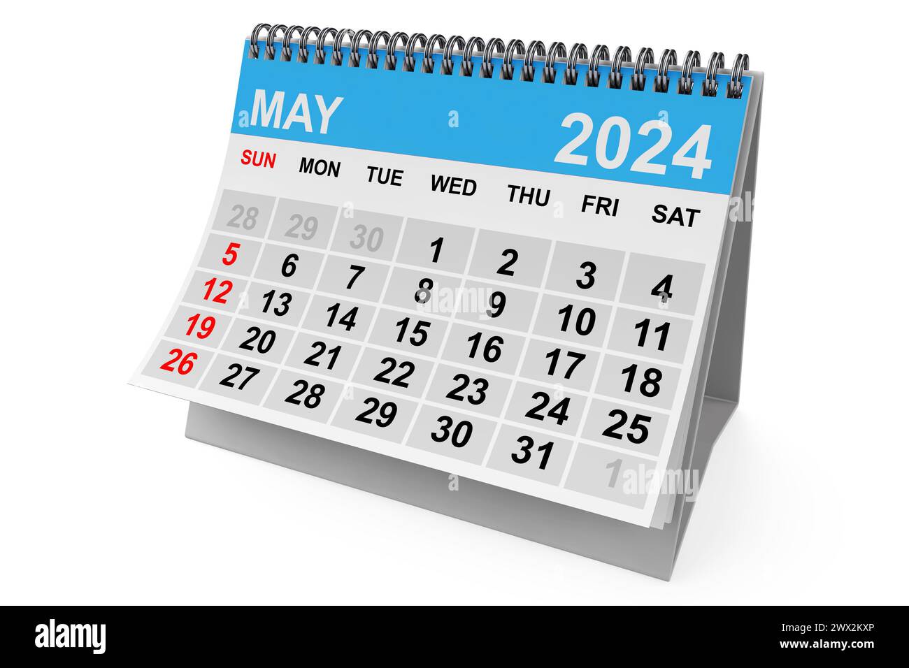 Calendario di maggio 2024 su sfondo bianco. Rendering 3d. Foto Stock