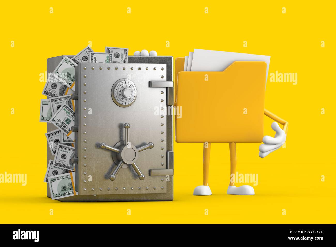 Icona gialla cartella file personaggio fumetto Mascotte con Vault o cassetta di sicurezza piena di bollette Dollar su sfondo giallo. Rendering 3d. Foto Stock