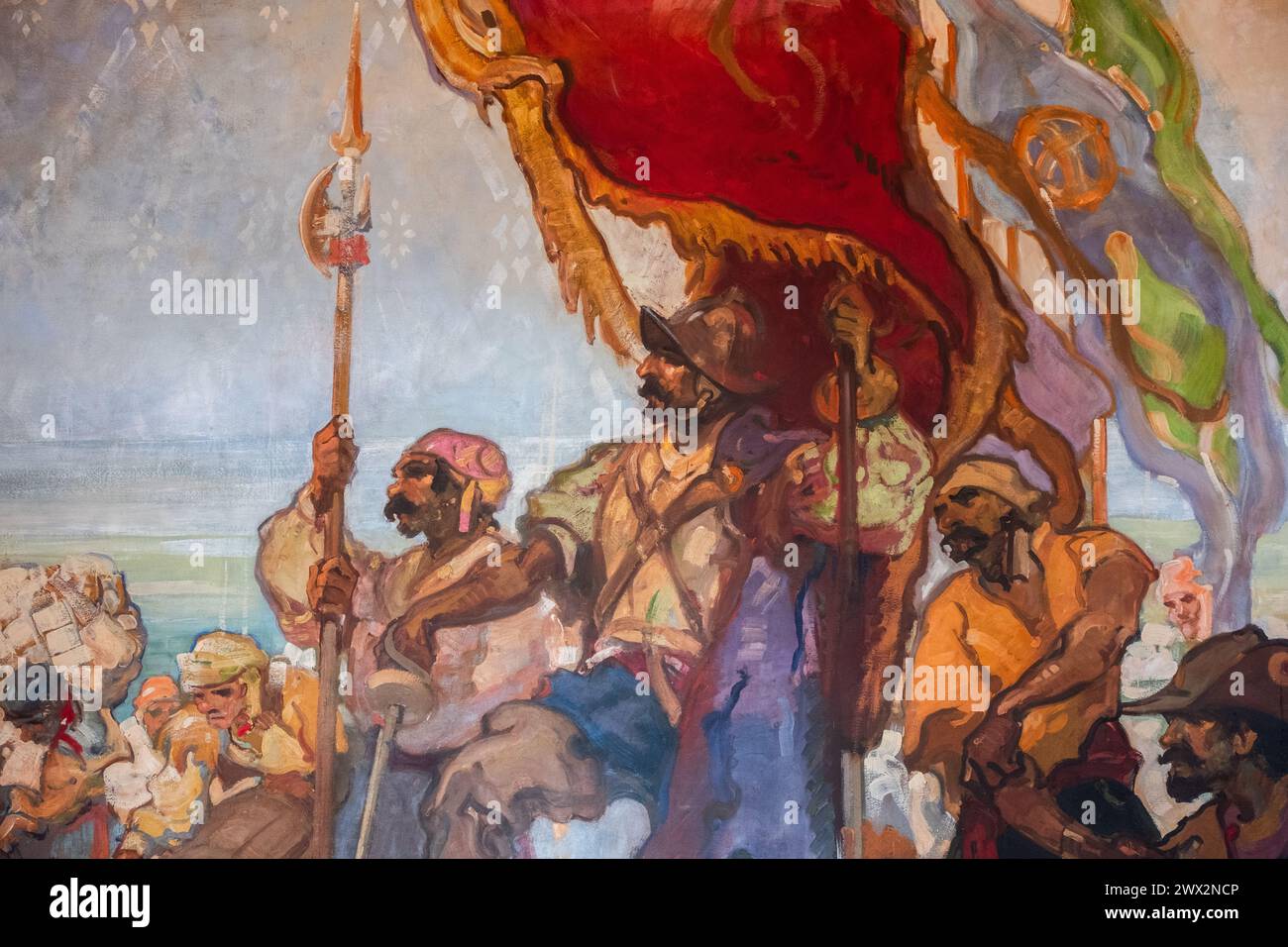 Dettaglio del murale di Dan Sayre Groesbeck nel tribunale della contea di Santa Barbara, California, USA, raffigurante l'arrivo dello spagnolo in California. Foto Stock