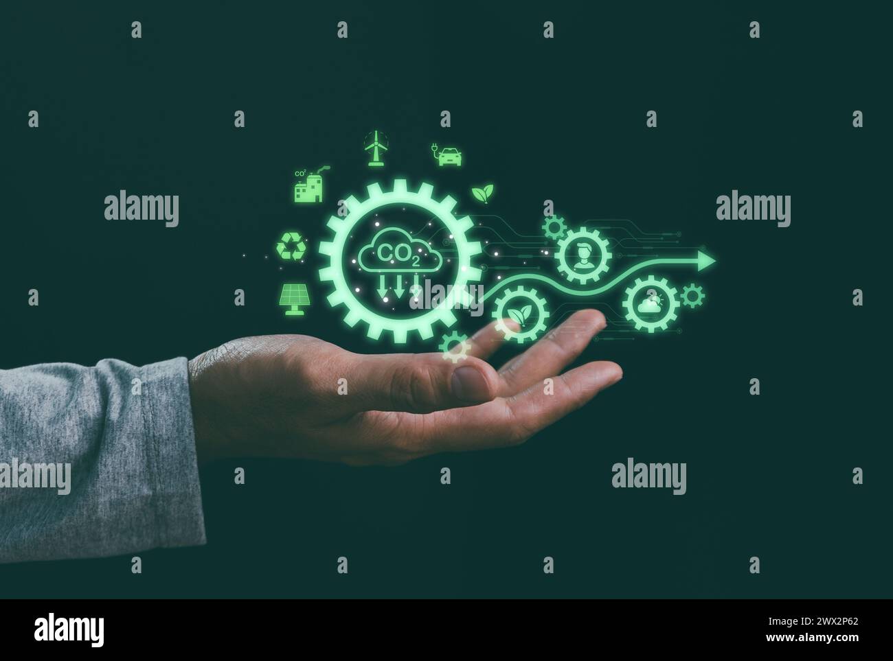 Ridurre le emissioni di CO2 e l'impronta di carbonio per limitare il riscaldamento globale e il cambiamento climatico. Sviluppo sostenibile e business verde basato su fonti rinnovabili en Foto Stock