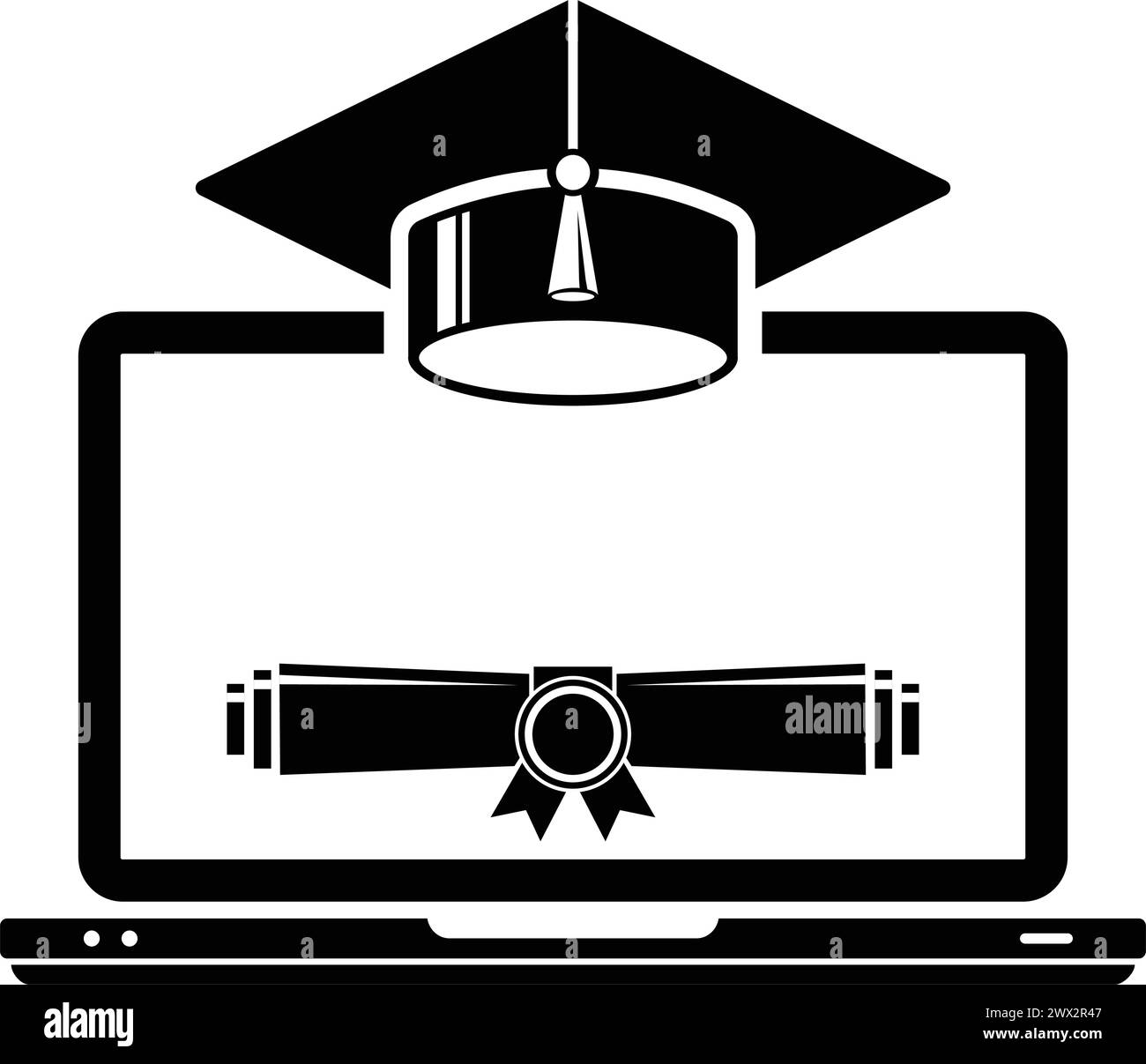 Icona di apprendimento a distanza. E-learning con notebook, cappello di laurea e scorrimento dei diplomi. Vettore su sfondo trasparente Illustrazione Vettoriale