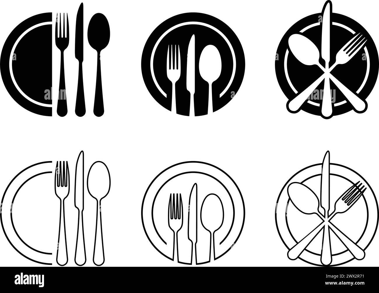 Icona posate. Cucchiaio, forcelle, coltello, piastra. Concetto di ristorante business. Icone vettoriali impostate su sfondo trasparente Illustrazione Vettoriale