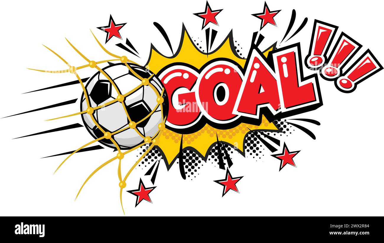 Icona fumettistica di calcio Goal football. Bolla di testo con sfera e esplosione. Modello adesivo vettoriale su sfondo trasparente Illustrazione Vettoriale