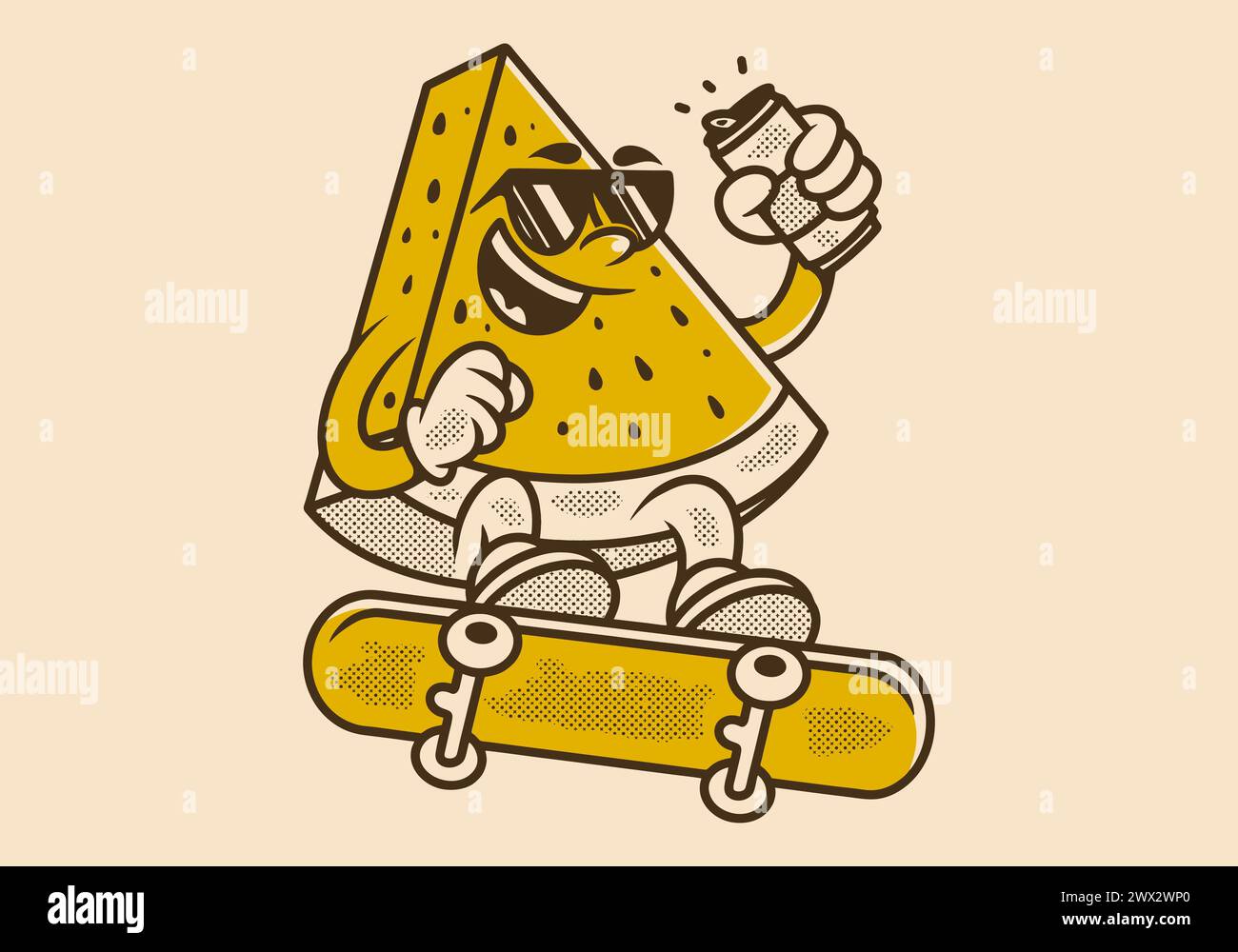 Mascotte vintage di anguria sullo skateboard Illustrazione Vettoriale