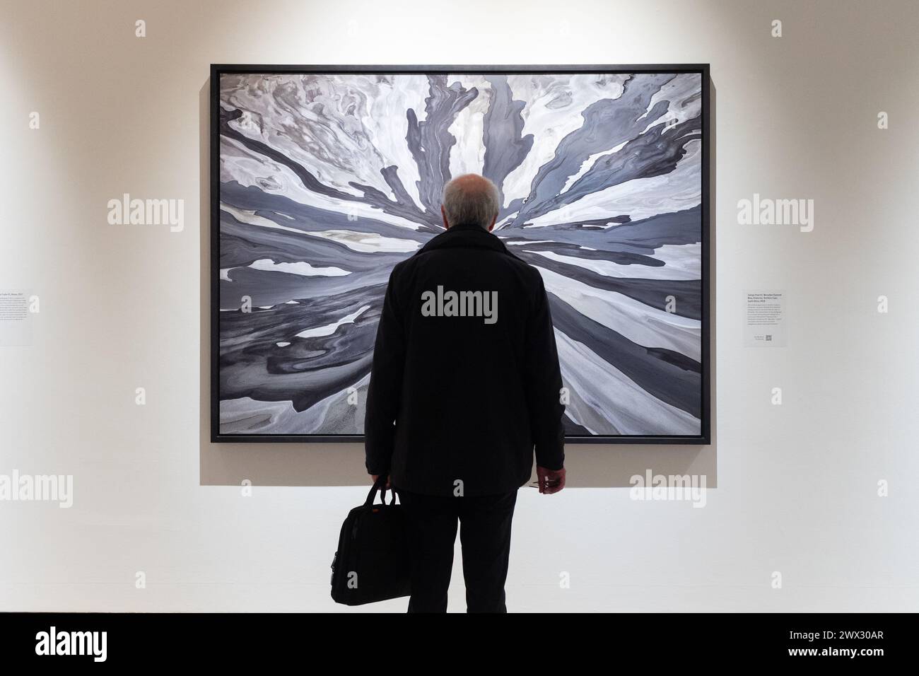 Londra, Regno Unito. 26 marzo 2024. Un uomo guarda da vicino una grande stampa dell'artista fotografico Edward Burtynsky alla Saatchi Gallery di Londra. Fa parte della mostra Extraction/Abstraction, la più grande esposizione mai realizzata nei 40 anni di carriera del fotografo di fama mondiale. Credito: Katie Collins/EMPICS/Alamy Live News SOLO PER USO EDITORIALE Foto Stock