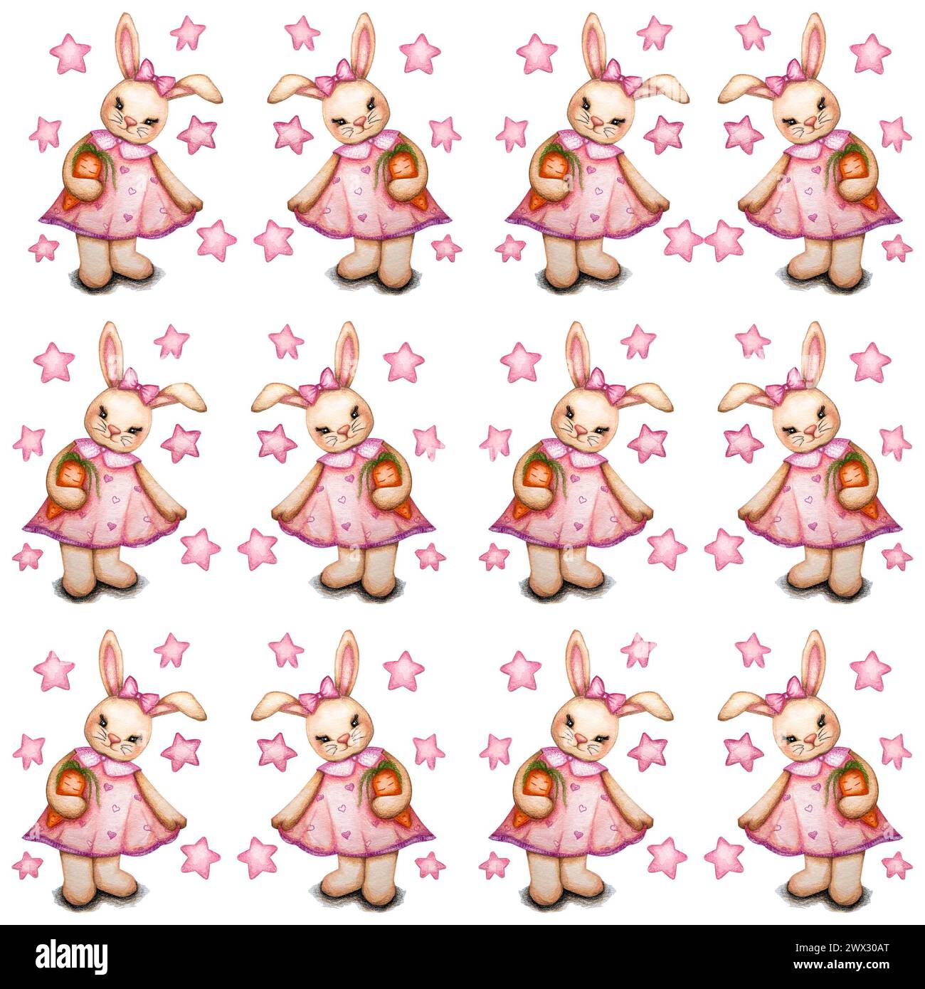 Graziosa coniglietta disegnata a mano in acquerello con abito rosa motivo senza cuciture su sfondo rosa, sfondo coniglio di design, tessuto stampa bambini desi Foto Stock